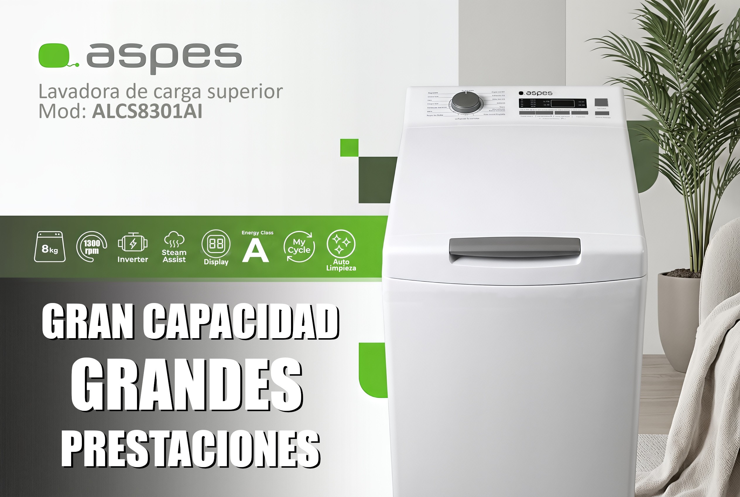 LAVADORA ASPES ALCS8301AI